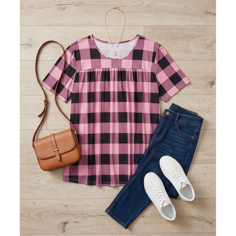 Womens Pink‎ Black Plaid Short Sleeve Pleated Tunic T-Shirt Plus Size 7X